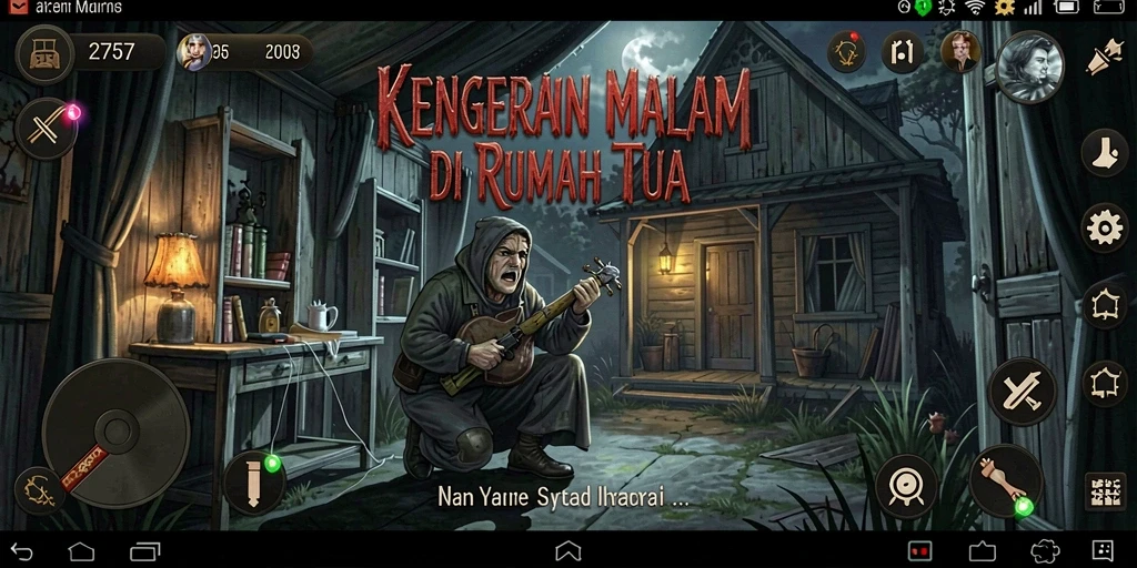 Tampilan gameplay menyeramkan di rumah tua penuh misteri.
