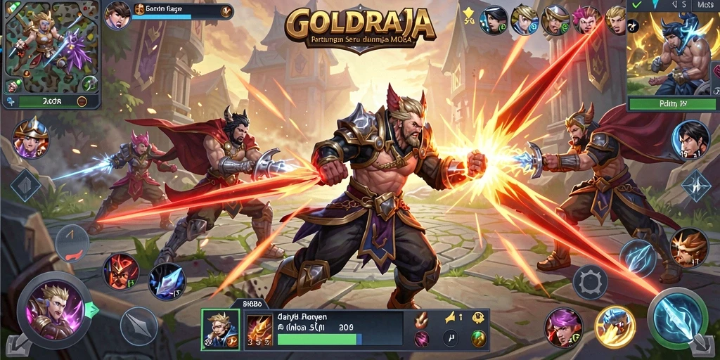 Gameplay mendebarkan dari <strong>GOLDRAJA</strong> di arena pertempuran MOBA.