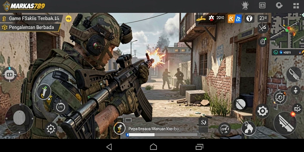 Screenshot utama MARKAS789 menampilkan aksi pertempuran FPS yang seru.