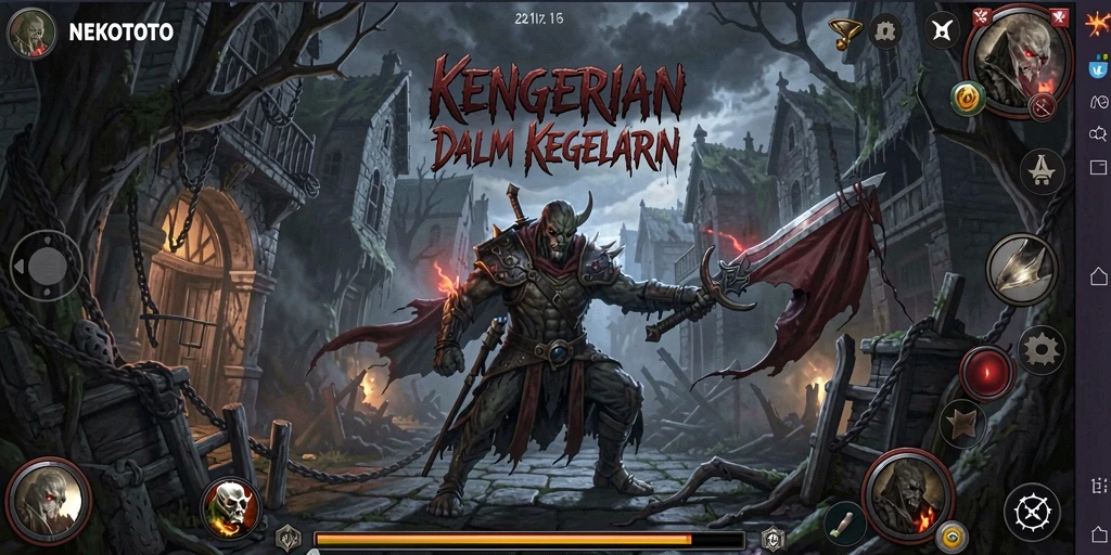 Tampilan gameplay NEKOTOTO dengan suasana menyeramkan dan menegangkan.