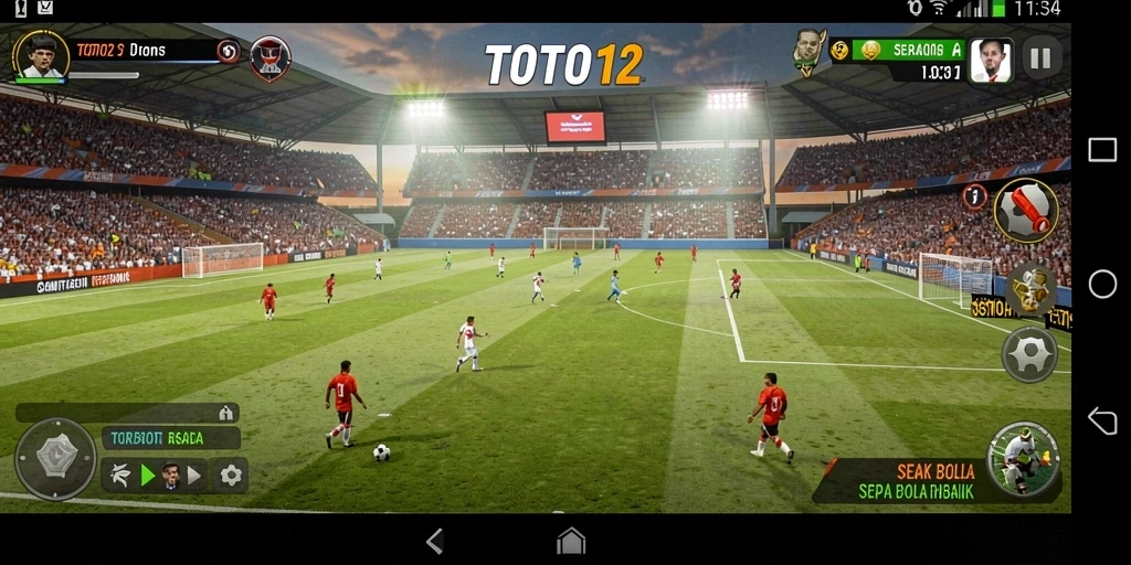 Tangkapan layar permainan TOTO12 yang menunjukkan aksi sepak bola yang mendebarkan.